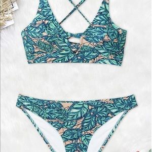 Green Lush Leaves Back Lace Up Bikini